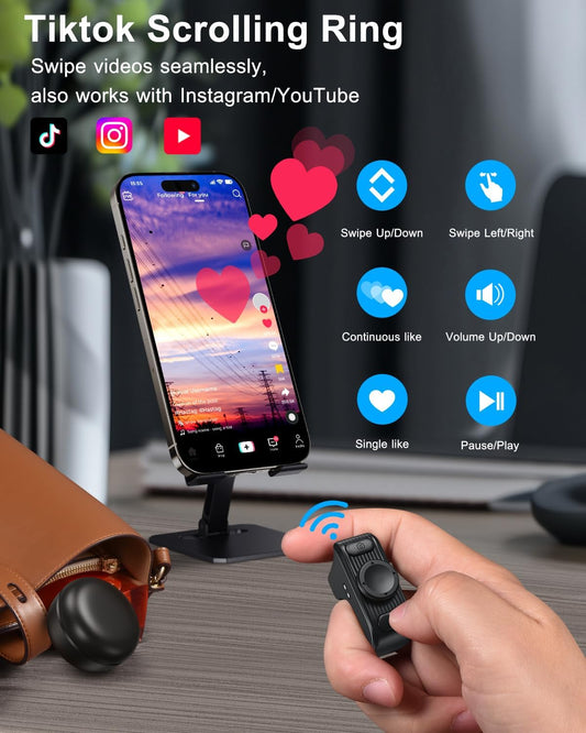 TikTok Scrolling Ring Remote Control, Camera Shutter Remote, Wireless Bluetooth Scrolling Ring for iPhone, iPad, iOS, Android - Black