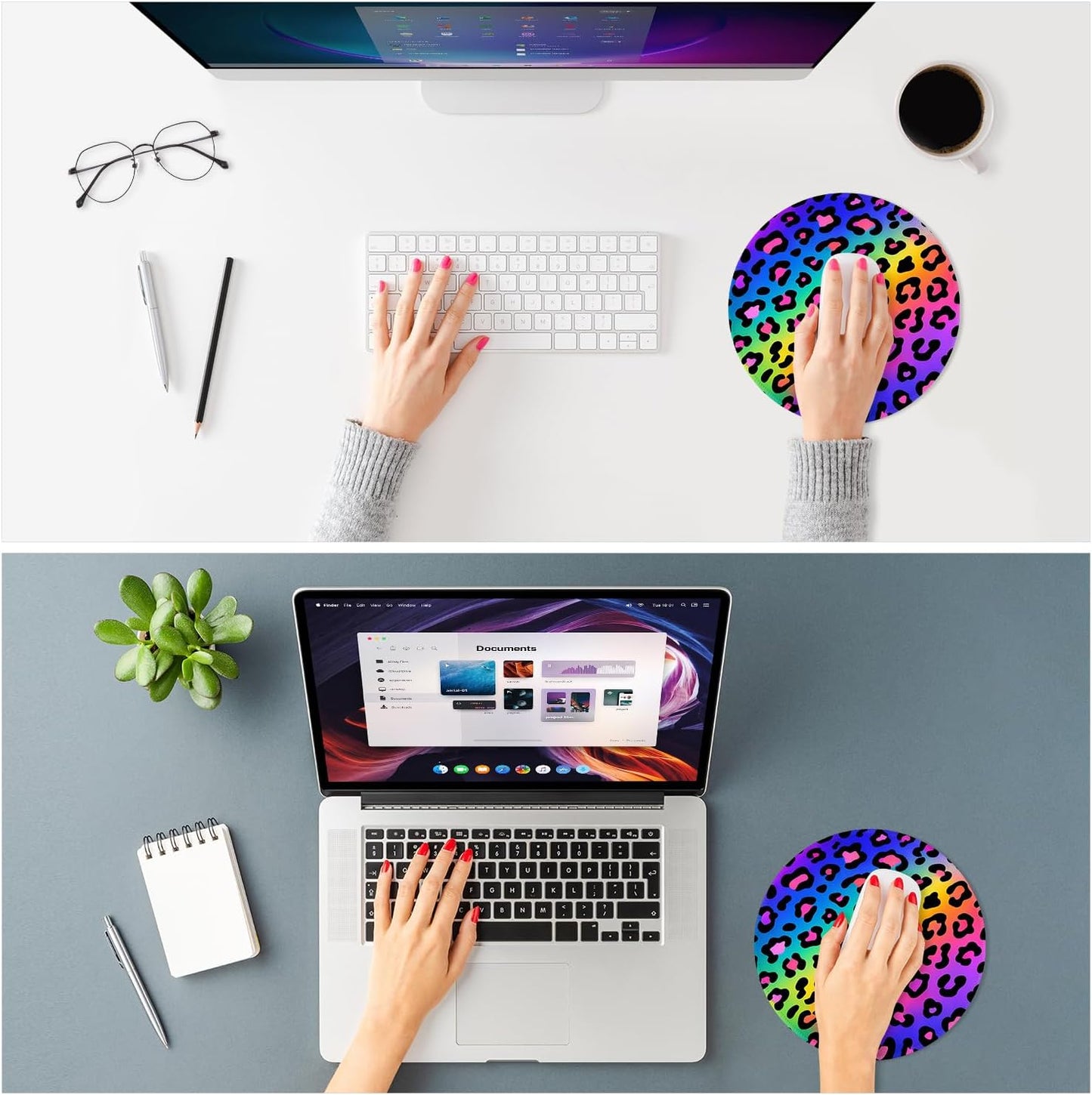 ITNRSIIET Mouse Pad Non-Slip Rubber Base Smooth Surface Stitched Edges Waterproof Durable Compatible with All Mice for Office & Gaming, Desk Accessory, Diameter 8.7 inch, RainbowLeopard