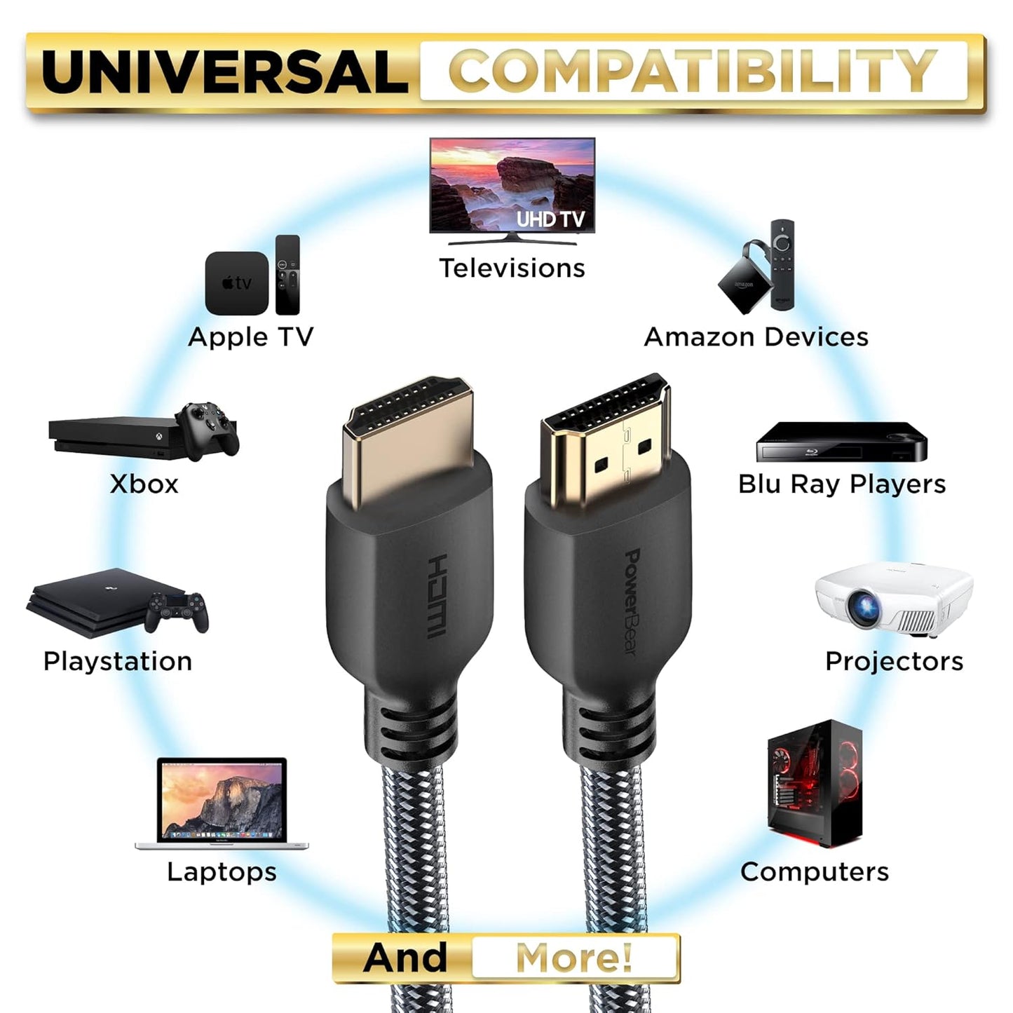 PowerBear 4K HDMI Cable 40 ft | High Speed, Braided Nylon & Gold Connectors, 4K @ 60Hz, Ultra HD, 2K, 1080P, ARC & CL3 Rated | for Laptop, Monitor, PS5, PS4, Xbox One, Fire TV, Apple TV & More