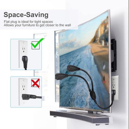 Power Cord Extension Y Splitter - 1 to 2 Way Outlet Adapter NEMA 5-15P 90-Degree Flat Plug to 2 X NEMA 5-15R with SJT 16AWG 3-Prong Cable Wire Extender Space Saver for Kitchen Home Office