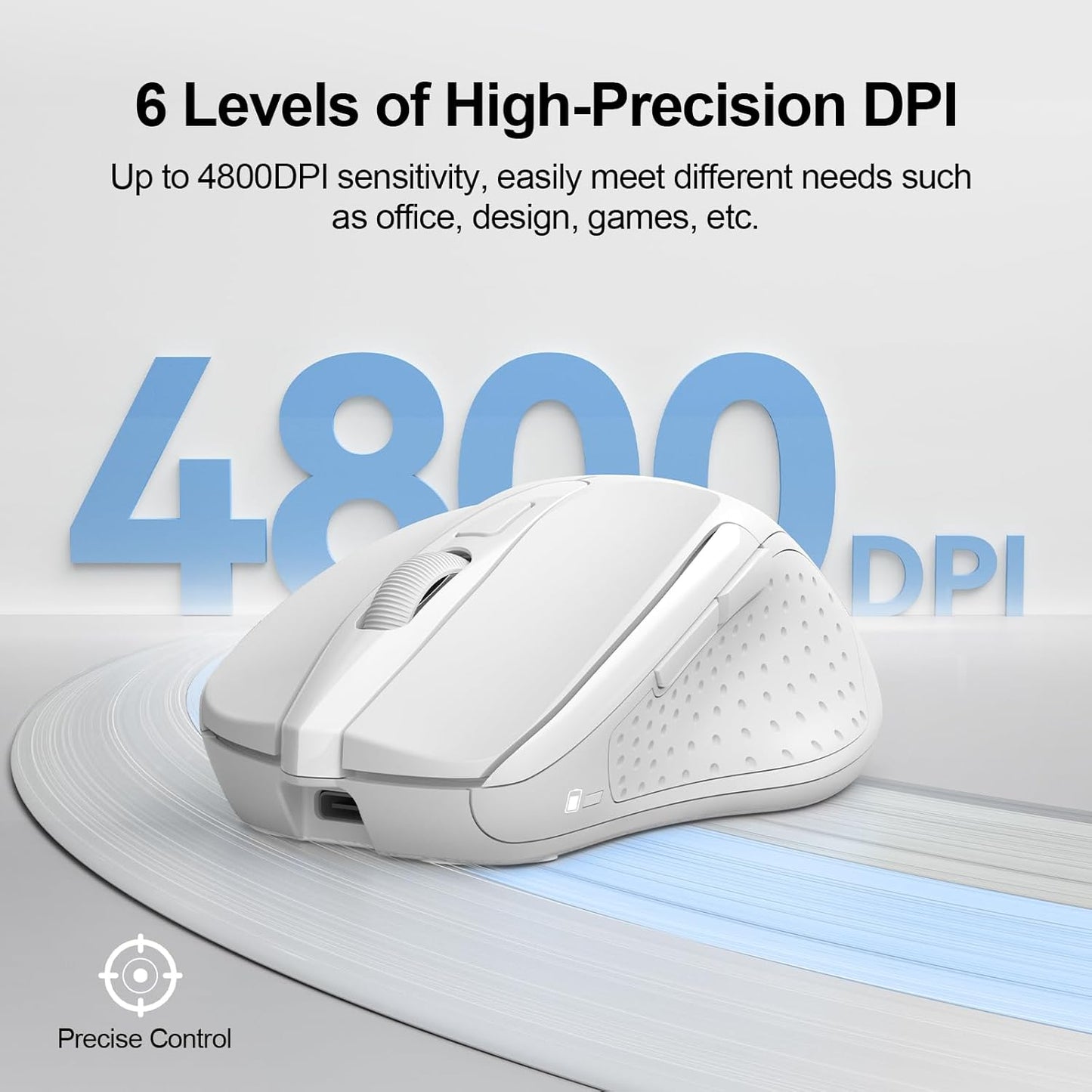 TECKNET Rechargeable Wireless Mouse, 2.4G Silent Mouse, Quiet Click, 6 Adjustable 4800 DPI, Cordless Computer Mouse, Ergonomic Mouse for Laptop, 6 Buttons USB Mouse for Chromebook, Ergo Grip - White