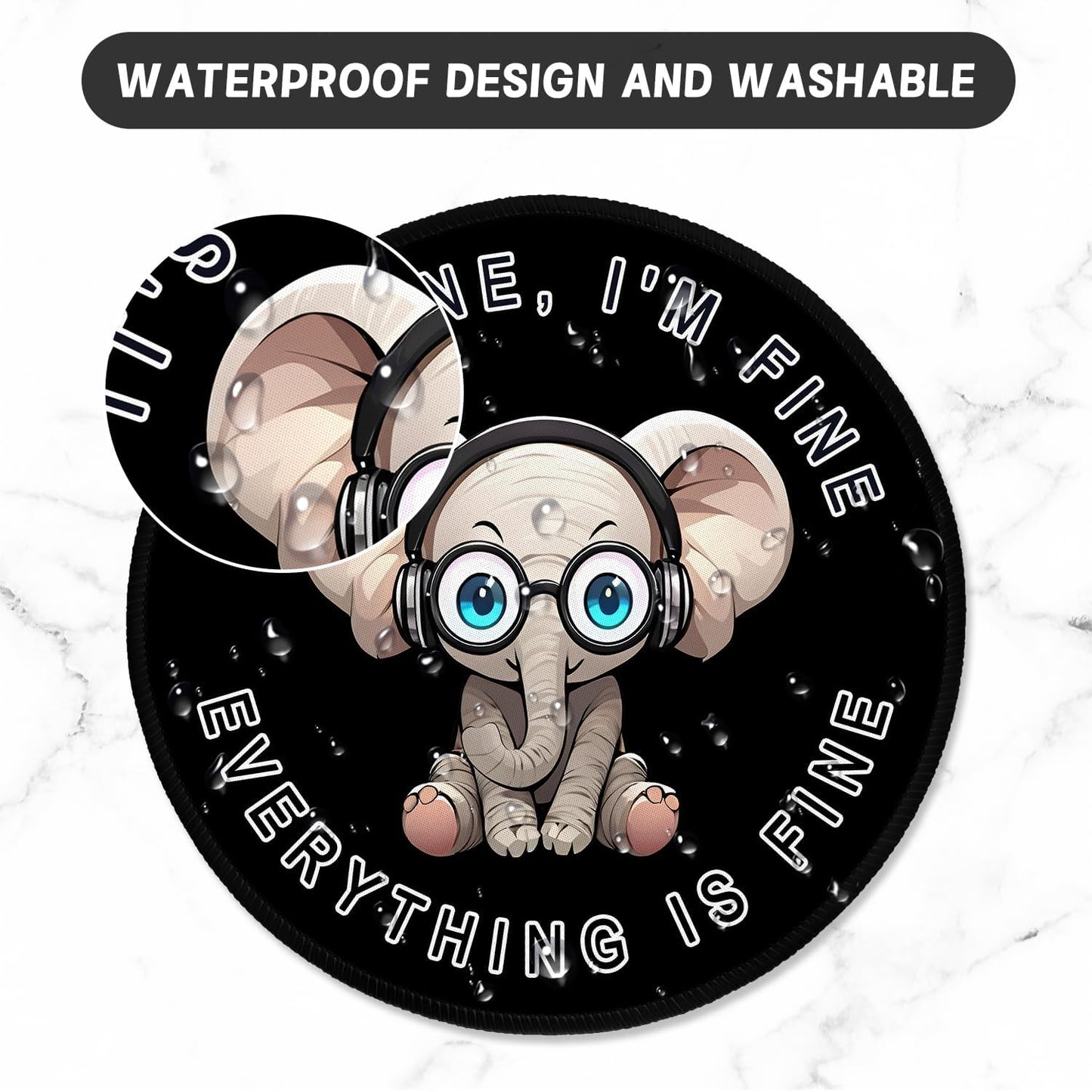 ITNRSIIET Round Mouse Pad with Stitched Edge Premium-Textured Waterproof Non-Slip Rubber Base Desktop Protection Mat Diameter 8.7 inches, Pretty Fine Elephant