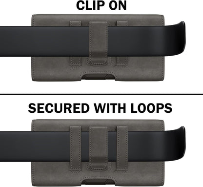 PiTau Holster for iPhone 16 & Pro 16e 15 15pro 14 14pro 13 13pro 12 12pro 11 11pro XR XS X, Samsung Galaxy S25 S24 S23 S22 S21 S20, Cell Phone Belt Holder Clip Case, Men's ID Card Pouch, Pewter Medium