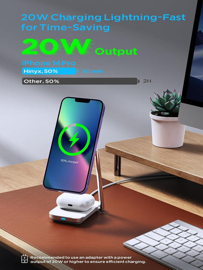 2-in-1 Magsafe Charger Stand, Zinc Alloy Foldable Magnetic Wireless Charger, 20W Portable Fast Wireless Charging Station for iPhone 15/14/13/12 Series, AirPods 3/Pro/2