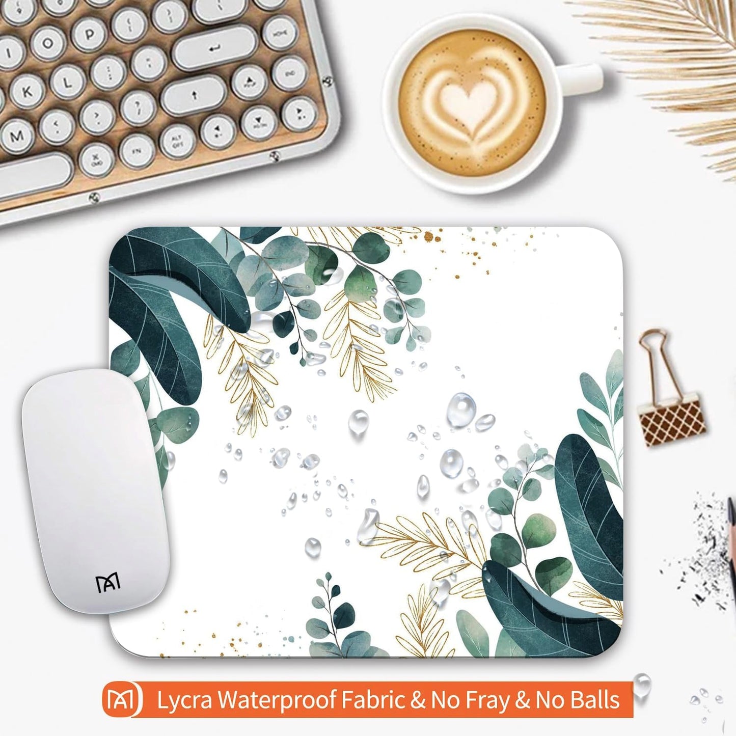 Square Mouse Pad Green Leaves, Personalized Premium-Textured Custom Mouse Mat Design, Washable Mousepad Cloth, Non-Slip Rubber Base Computer Mouse Pads for Wireless Mouse