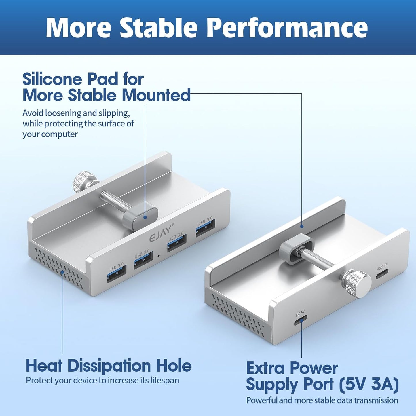USB HUB3.0,Clamp USB HUB,Aluminum 4-Port USB Adapter with Extra Power Supply Port and 2pcs Long Cable(59inches Data & 39inches Power Cables) for iMac,Laptop,MacBook Pro,Dell,Xbox,HDD/U Disk etc