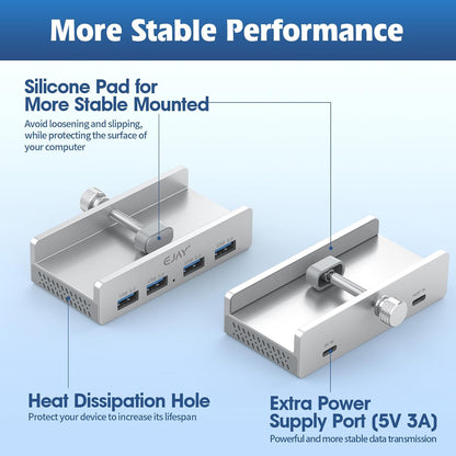 USB HUB3.0,Clamp USB HUB,Aluminum 4-Port USB Adapter with Extra Power Supply Port and 2pcs Long Cable(59inches Data & 39inches Power Cables) for iMac,Laptop,MacBook Pro,Dell,Xbox,HDD/U Disk etc