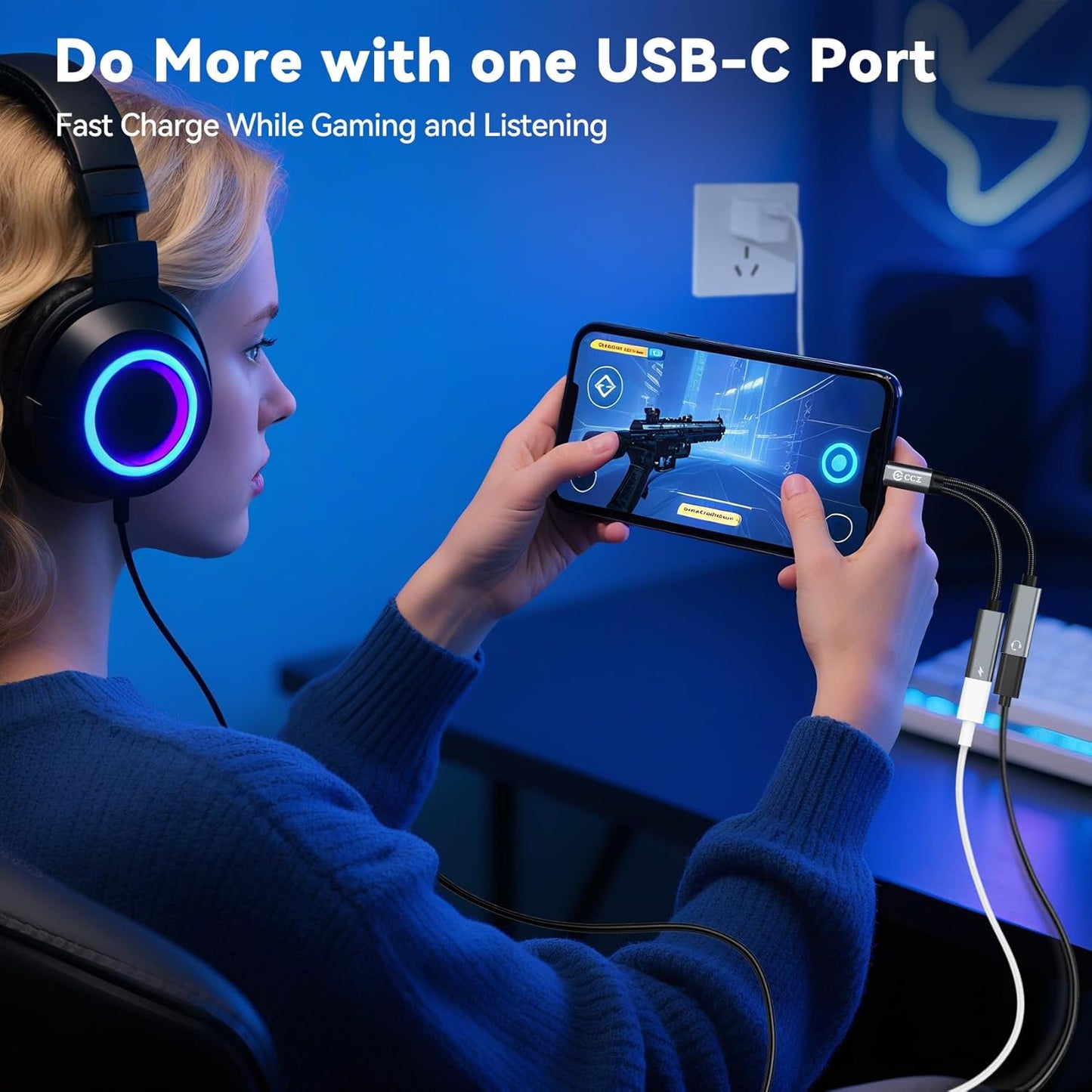 2PCS USB C Headphone Splitter,CCZ CA01 USB C to Type C Headphone Jack and Charger Adapter, 1 in 2 out Dongle Hi-Res DAC Audio Cable with PD 60W Fast Charging for Samsung Galaxy S25 S24 S23 (USBC-USBC)