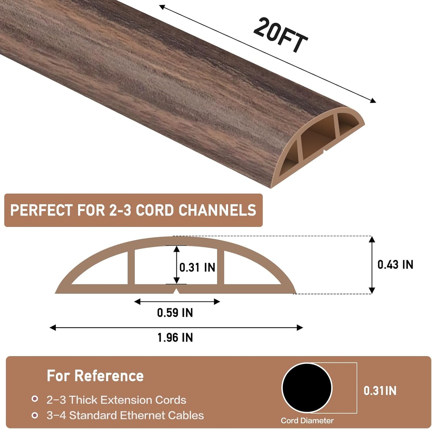 Floor Cord Cover Self Adhesive Cord Hider Floor Extension Cord Covers for Floor Power Cord Protector Cable Management Prevent Cable Trips Cable Cavity 0.59" W x 0.31" H (Smoked Brown Wood, 20Ft)
