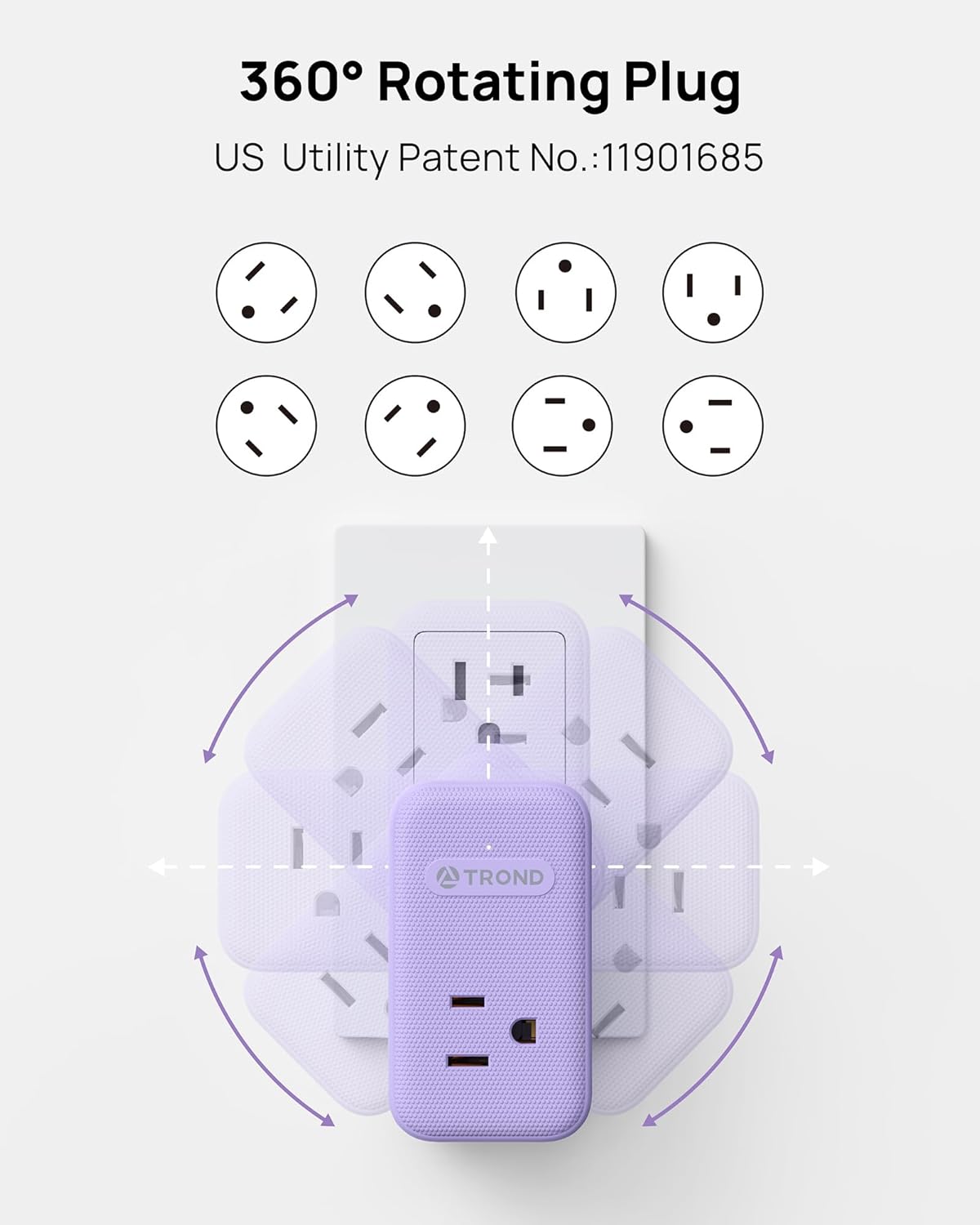 TROND Multi Plug Wall Outlet, 3 AC Outlet Extender with 360 Rotating Plug, Small Wall Adapter with PD 20W USB C, Cute and Durable for Purple Lovers, Goes with All Scenes Purple Vibe