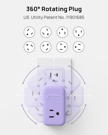 TROND Multi Plug Wall Outlet, 3 AC Outlet Extender with 360 Rotating Plug, Small Wall Adapter with PD 20W USB C, Cute and Durable for Purple Lovers, Goes with All Scenes Purple Vibe