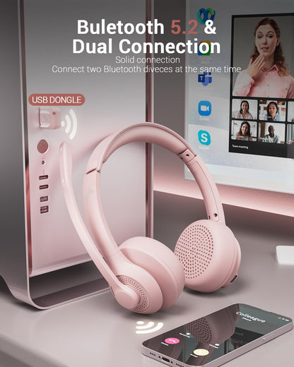 Wireless Headset with AI Noise Cancelling Microphone Bluetooth Headset - Bluetooth V5.2 Headphones with USB Dongle, Charging Base & Mic Mute for Computer/Laptop/PC/iPhone/Android/Cell Phones (Pink)