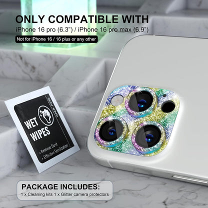 Choiche Compatible for iPhone 16 Pro/iPhone 16 Pro Max Camera Lens Protector, Bling Camera Cover with 9H Tempered Glass Lens Screen Protector Metal Ring Decoration Accessories (Glitter-Colorful)