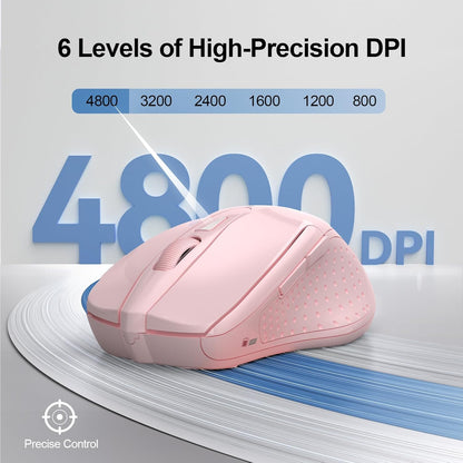 TECKNET Wireless Mouse (2.4G & BT5.0/3.0) Silent 4800 DPI Computer USB A & Bluetooth Mouse 6 Buttons, Wide Compatibility - Pink
