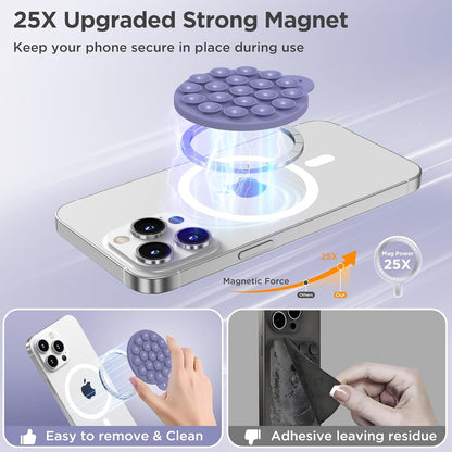 Magnetic Suction Cup Phone Mount for MagSafe Case, Silicone Hands-Free Grip Holder for iPhone and Android, Mirror Shower Phone Stand for Makeup FaceTime Gym Kitchen Bathroom, Lavender