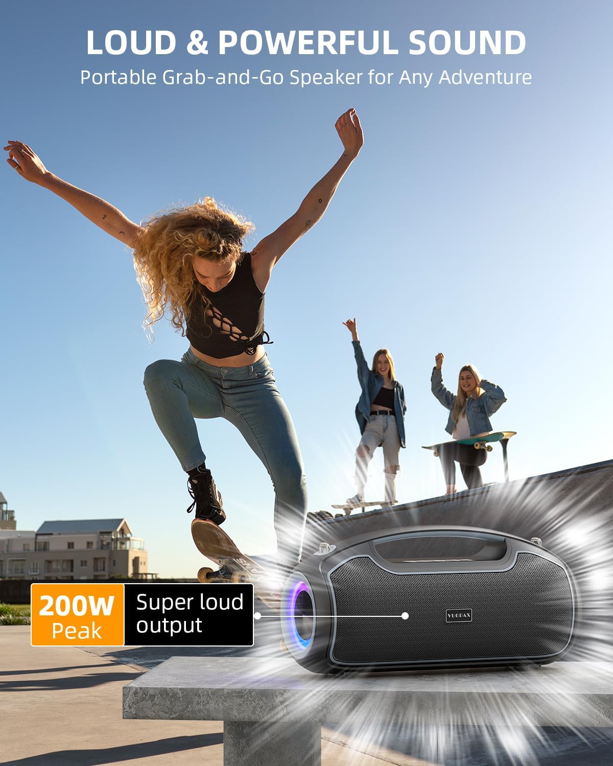 Portable Bluetooth Speakers Wireless, 200W Peak Loud Sound and Deep Bass for Party, IP65 Waterproof Outdoor Speaker w/ 2*Subwoofer/Tweeter/DSP/Bass Boost/Fast Charging/TWS/TF/USB/AUX, 24H Playtime