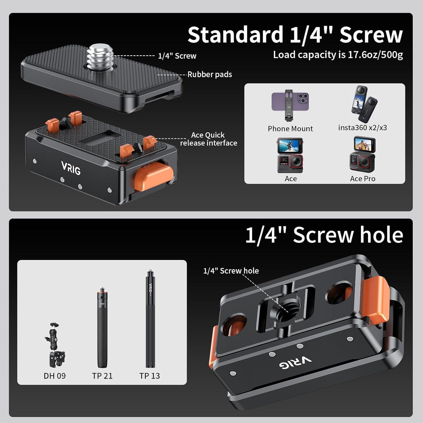 VRIG Magnetic Base for Insta360 Ace/Ace Pro Magnetic Quick Release Adapter Tripod Adapter Mount with Ace Pro/Ace/ X3/ X4/ X5/ ONE RS 1 inch 360 Degree Version/ONE RS Twin/ONE X2