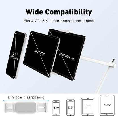 AboveTEK Tablet Stand Holder, Aluminum iPad Holder for Desk & Bed, Adjustable iPad Arm Clamp Mount with 360° Rotation, Overhead Compatible with 4.7"-13.5" iPads Pro/Air/Mini, iPhone, Galaxy Tab- White