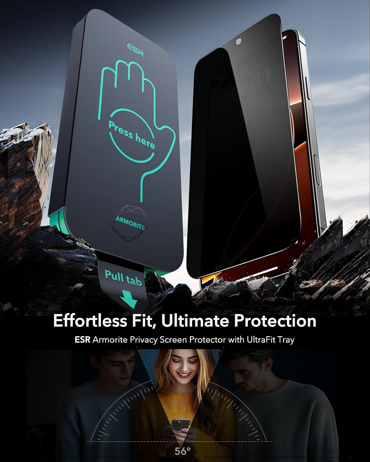 ESR 3 Pack 9H+ Glass for iPhone 16 Pro Max Privacy Screen Protector, [Military Grade Shatterproof & Longest Durable] Armorite Anti-spy Tempered Glass with UltraFit Tray