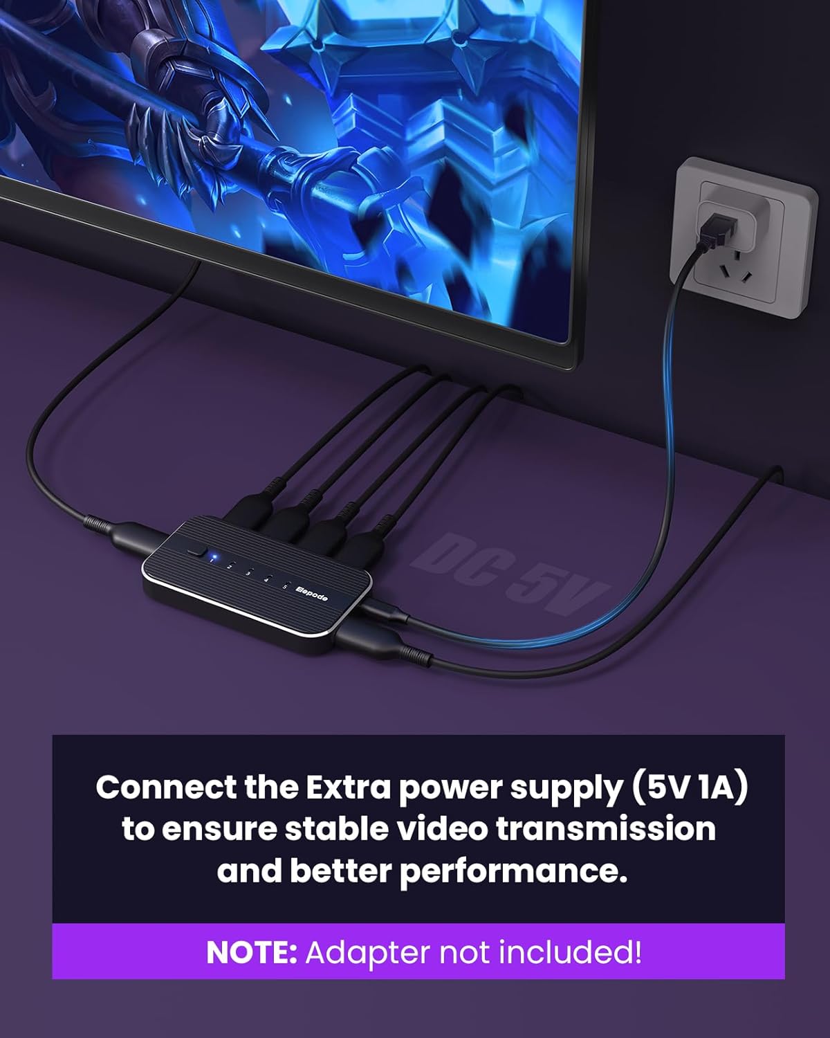 HDMI Splitter with Remote, 5 in 1 Out 4K@60Hz Elepode HDMI Switch, HDMI 2.0 Switch Box Hub for 3D, HDCP2.2, HDR, Compatible with Xbox, PS5/4/3, Fire Stick Roku Blu-Ray Player