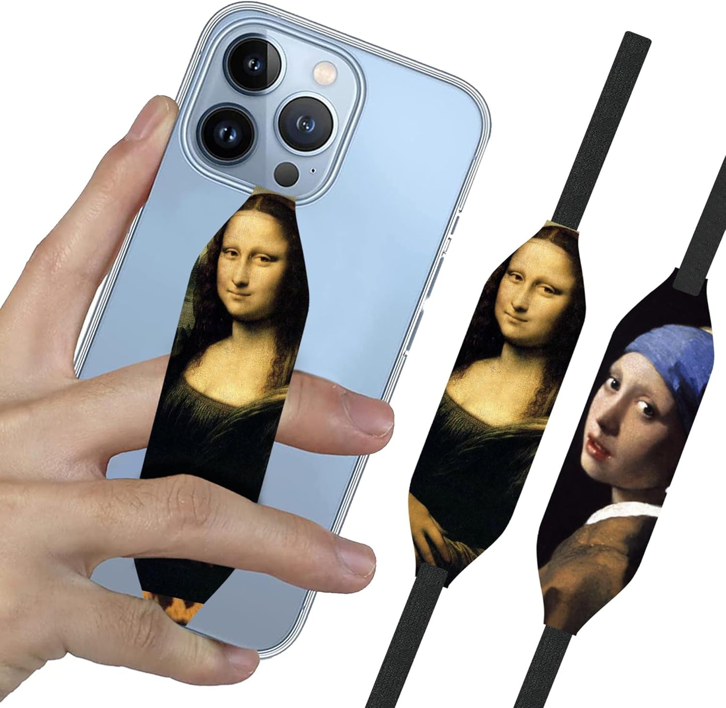 Universal Phone Grip Strap| Reversible Phone Hand Strap for Phone Cases As Phone Loop Holder| Secure Handling by Comfortable Phone Strap - Mona Lisa & Girl Pearl Earring