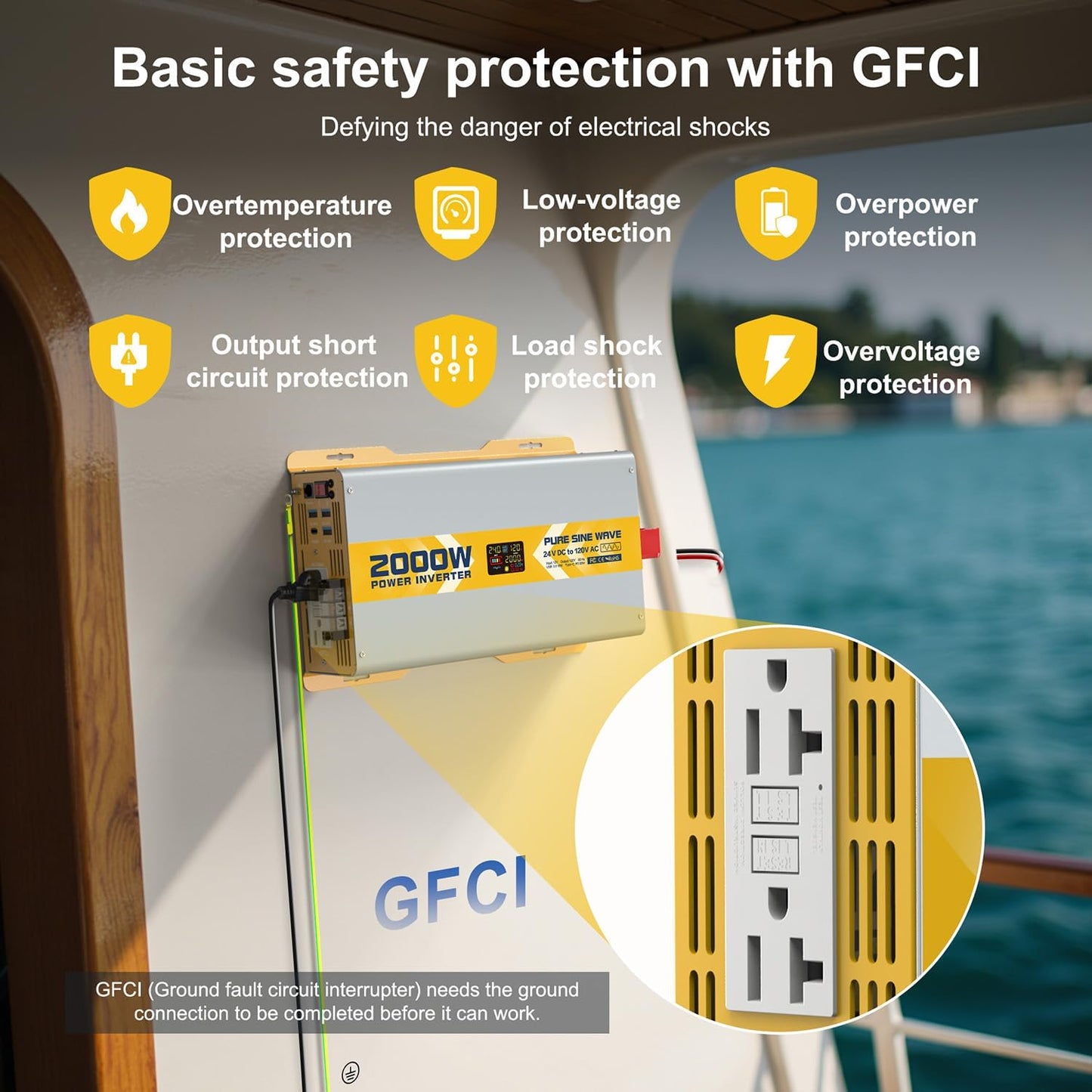 XWJNE 2000W Pure Sine Wave Power Inverter 24V DC to 120V GFCI AC Converter with LCD Display and Remote for Home, RV, Truck, Off-Grid Solar Power