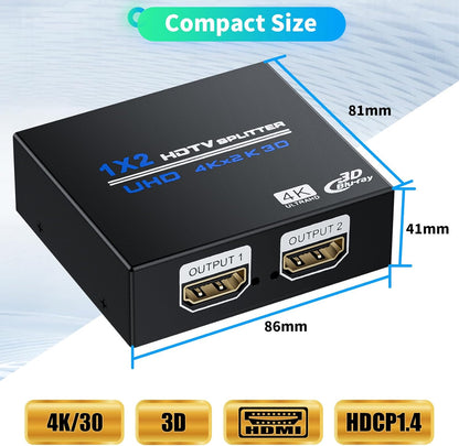 HDMI Splitter 1 in 2 Out 4K, 1x2 Powered HDMI Multi-Port Adapter for Dual Monitor, Support 4K UltraHD 3D HDR, Duplicate/Mirror Screens, Ideal for Xbox Ps5 Ps4 Ps3 Fire Stick Blu-Ray Player HDTV