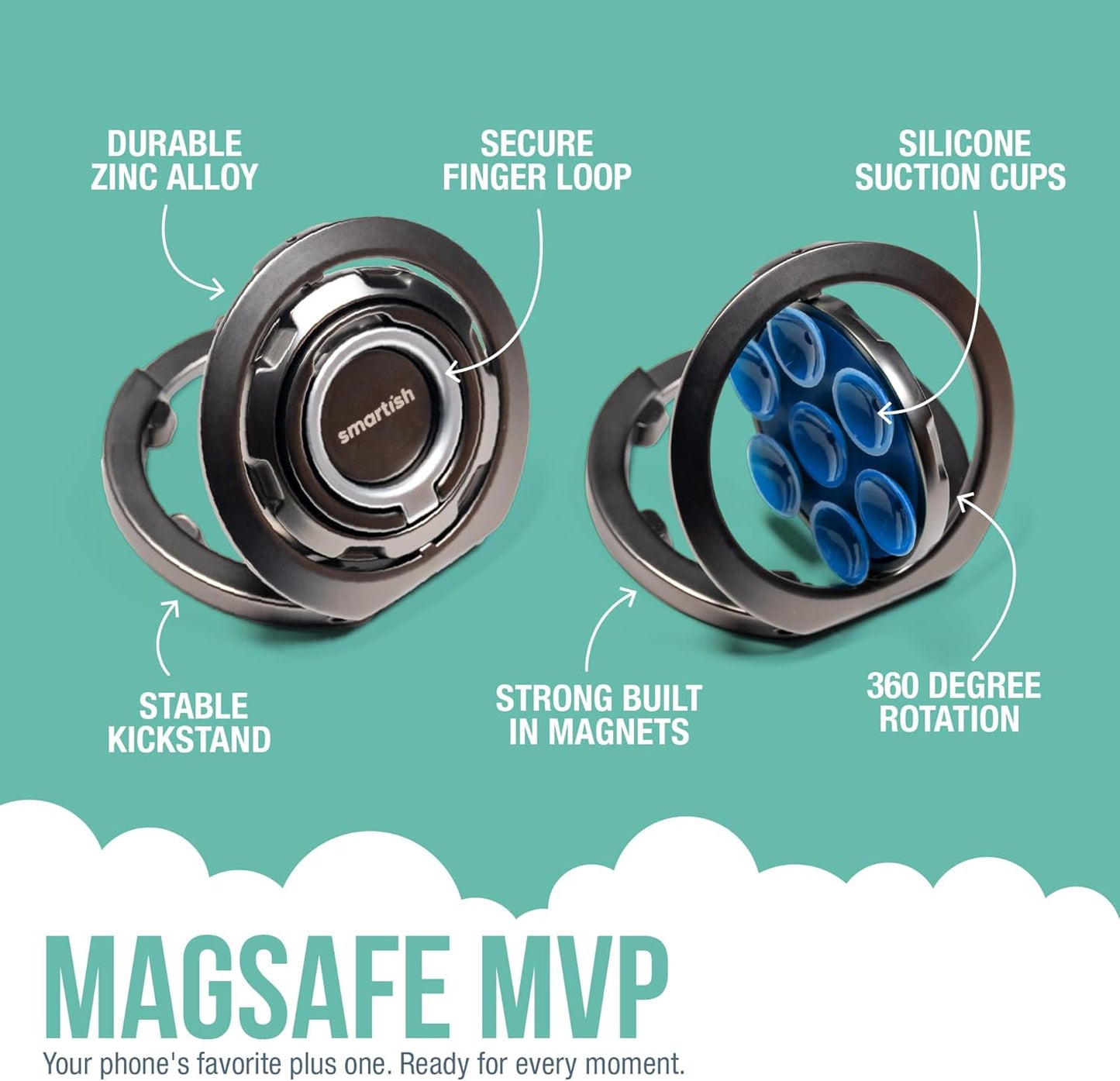 Smartish® MagSafe Suction Mount - WallFlower - 3 in 1 Reversible Magnetic Phone Grip Finger Loop, Suction Mount, Kickstand w/Universal MagSafe Adapter Kit for Apple iPhone - Blues on The Green