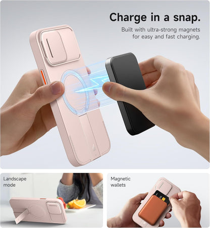 SURITCH for iPhone 13 Pro Max/12 Pro Max Case with Magnetic Camera Slide Cover and Adjustable Kickstand, Compatible with MagSafe, Shockproof Bumper Case Slim Protective Cover 6.7 Inch, Pink