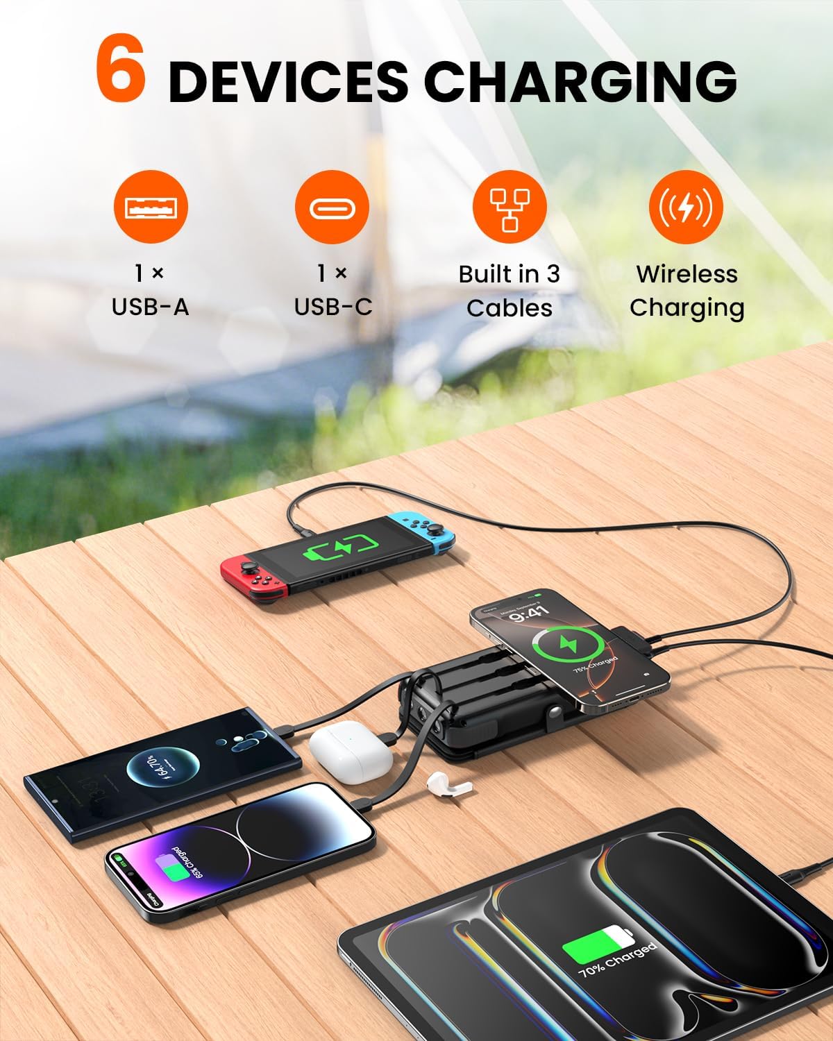 SOARAISE Wireless Solar Power Bank, 25000mAh Solar Charger with Built-in 3 Cables, Dual Outputs, 4 Solar Panels & 3 LED Flashlights, Portable Phone Charger for Outdoor Camping（Black）