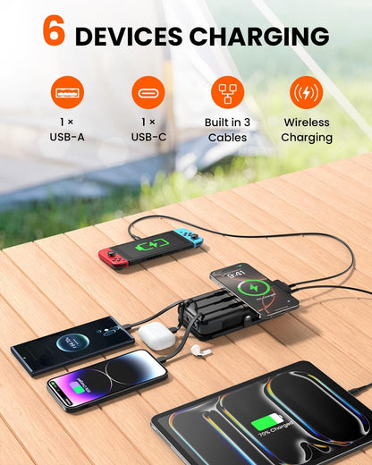 SOARAISE Wireless Solar Power Bank, 25000mAh Solar Charger with Built-in 3 Cables, Dual Outputs, 4 Solar Panels & 3 LED Flashlights, Portable Phone Charger for Outdoor Camping（Black）