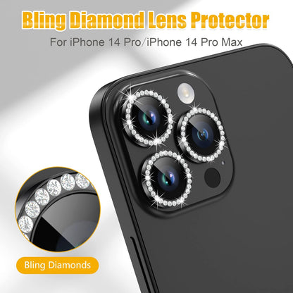 AGVEE 3+3 6 Pack for iPhone 14 Pro 6.1" / 14 Pro Max 6.7" Camera Lens Protector, Bling Diamond & Bling Glitter Metal Ring 9H Tempered HD Glass Camera Protector Cover Film, Bling-Black