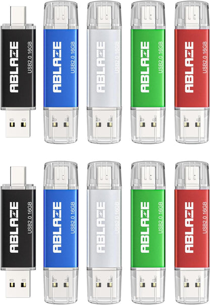 ABLAZE 16GB Type C Flash Drive 10 Pack, Dual USB 2.0+USB C Memory Stick Thumb Drive Compatible with iPhone 16/15, Android Smartphone, Computers, Tablets, Mac,iPad,PC
