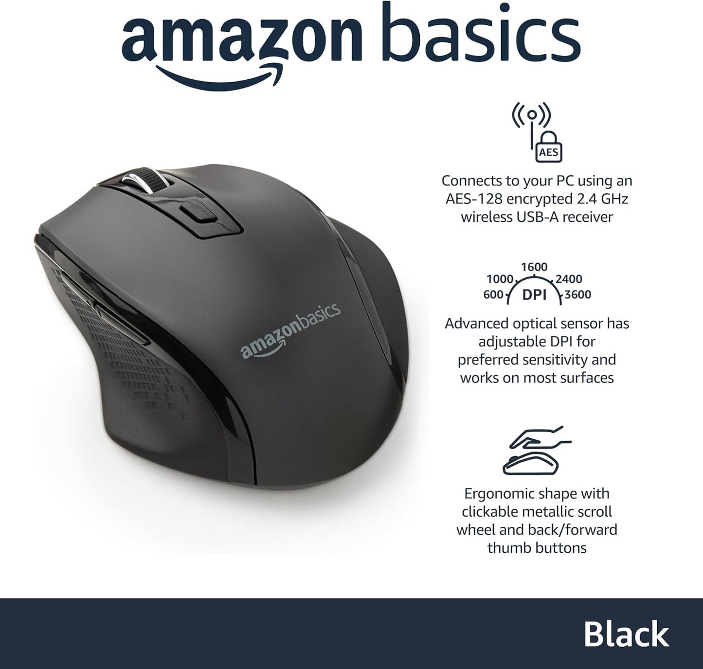 Amazon Basics Computer Mouse Wireless, Ergonomic, 2.4 GHz Optical, DPI Adjustable, Compatible With PC, Mac, Laptop, Black