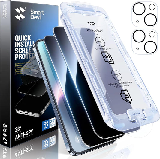 SMARTDEVIL 2+2Pack Privacy Screen Protector for iPhone 14 with Camera Lens Protector,Shatterproof Tempered Glass [True 28°Anti Spy] [9H Hardness] [Automatic Dust-Elimination Install] [Bubble Free]