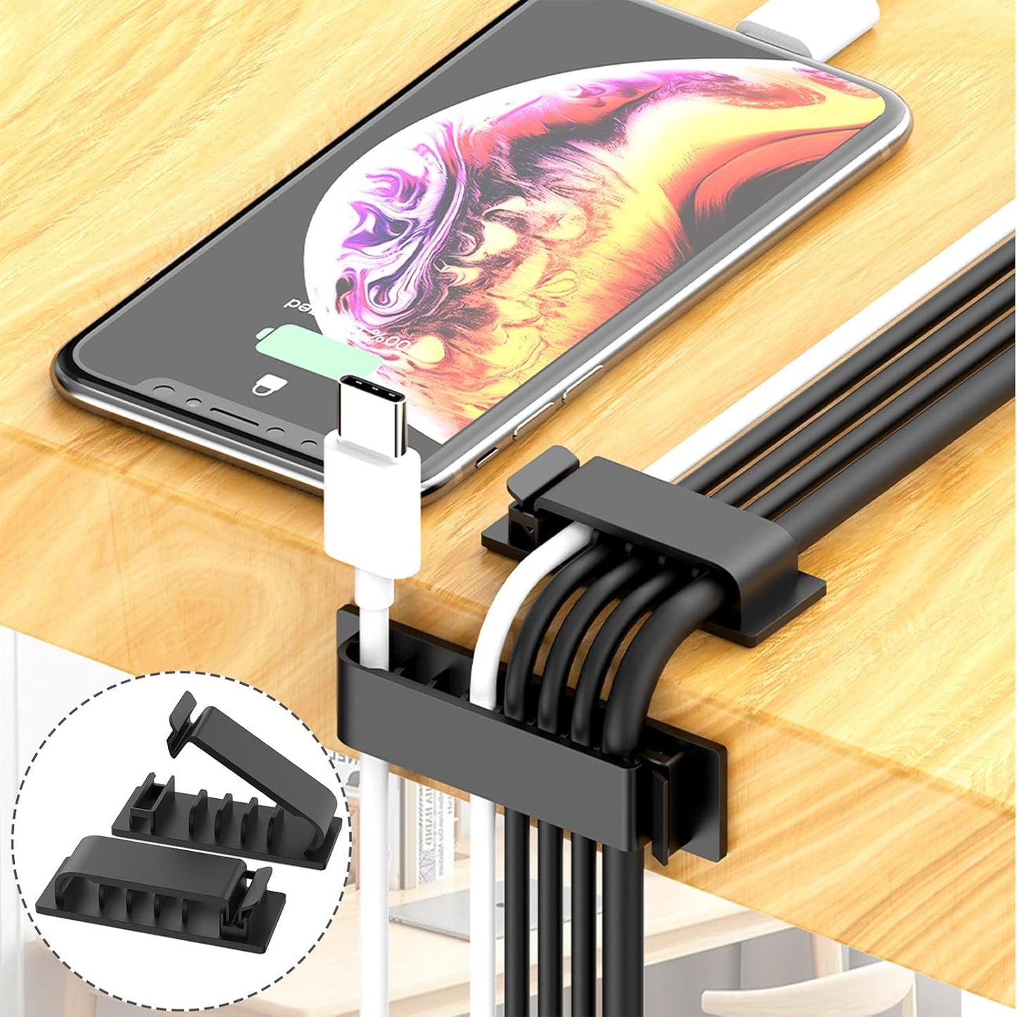 ELII 300PCS Cable Management Kit,4 Cable Sleeve 35 Cable Clips with 11Cord Holders,20 Roll Cable Organizer Straps and 200 Fastening Cable Ties,20 Cable Zip Tie Mounts for Computer TV Under Desk