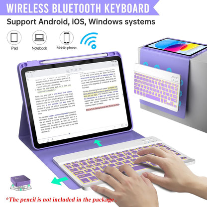 BLUTLOTUS 360 Rotatable Keyboard Case for iPad 11th (A16) 10th with Pencil Holder, 7 Color Backlit Detachable Bluetooth, Smart Folio Tablet Cover ((Purple)