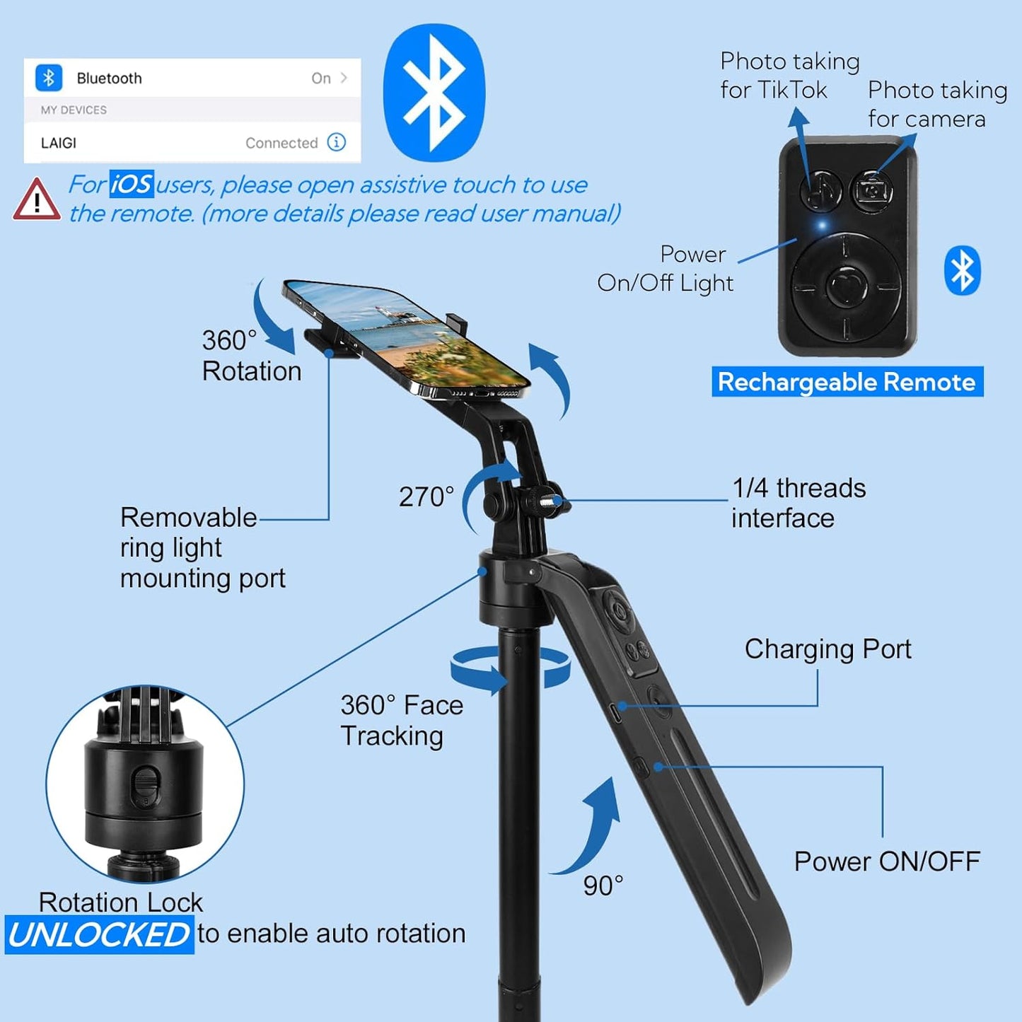 70.9" Auto Face Tracking Tripod 360° Rotation with Stand & Light, Phone Camera Holder Stand with Remote & Gesture Control, Extendable Selfie Stick for GoPro/Travel/Vlog/Video/Tiktok/Live Streaming