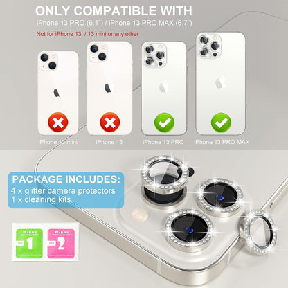 Choiche [3+1 for iPhone 13 Pro/iPhone 13 Pro Max Camera Lens Protector Bling, 9H Tempered Glass Camera Cover Screen Protector Metal Ring Decoration Accessories (Diamond-Silver)