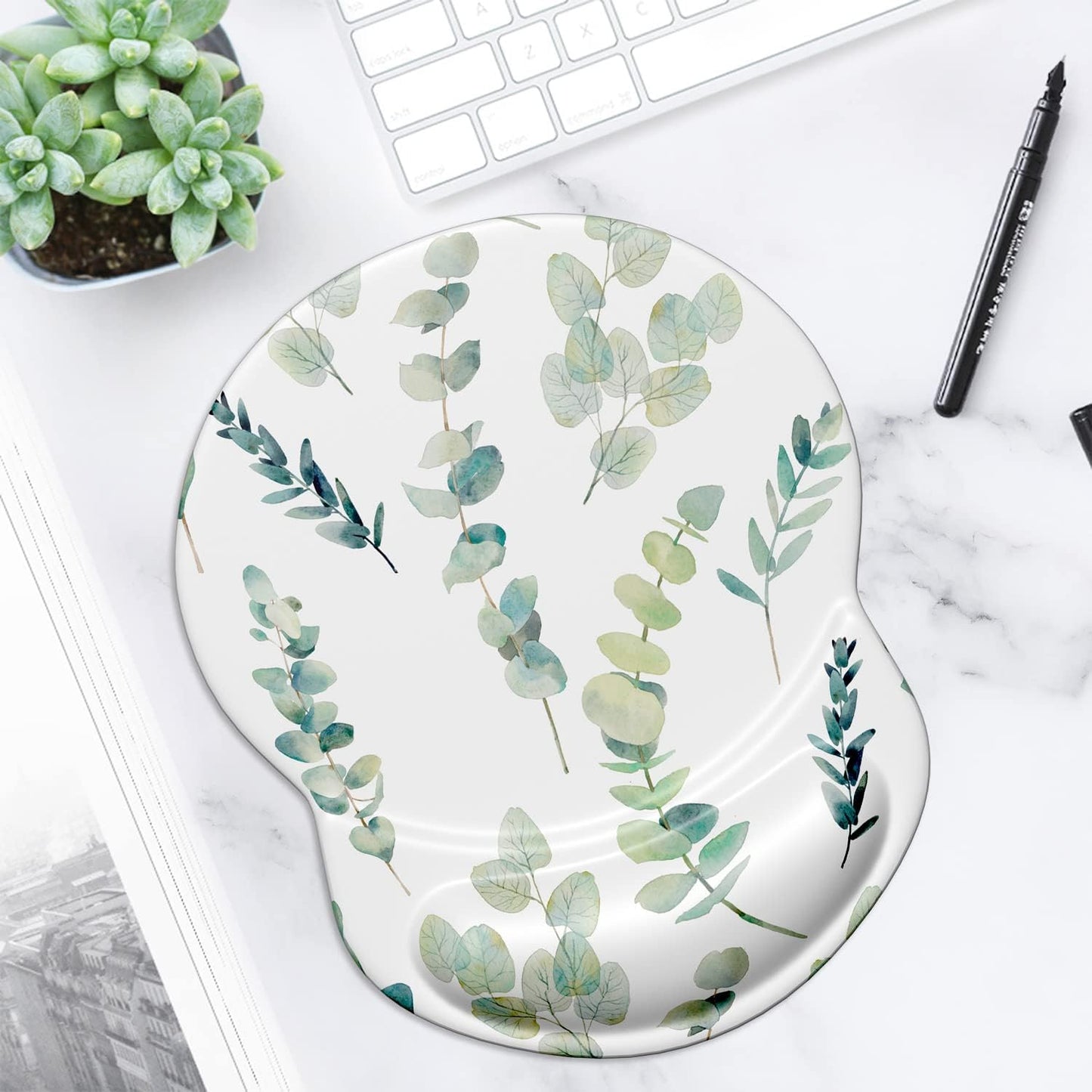 ITNRSIIET Ergonomic Mouse Pad with Gel Wrist Support Small Wrist Rest Smooth Surface Non-Slip PU Base Comfortable Office Supplies Pain Relief, 8.7 x 7.2 inches, Eucalyptus Branches