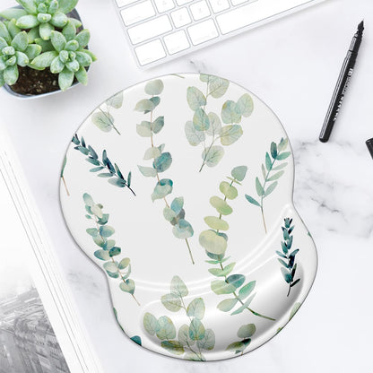 ITNRSIIET Ergonomic Mouse Pad with Gel Wrist Support Small Wrist Rest Smooth Surface Non-Slip PU Base Comfortable Office Supplies Pain Relief, 8.7 x 7.2 inches, Eucalyptus Branches