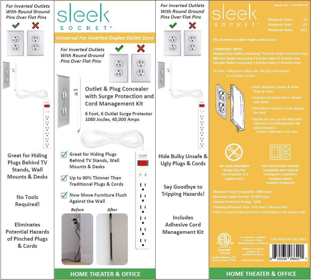 Sleek Socket Original & Patented Ultra-Thin Outlet Concealer with Cord Concealer Kit, Flat Extension Cord with Multi Outlets Surge Protector Power Strip, Ideal for Home Office and Home Theater