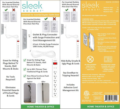 Sleek Socket Original & Patented Ultra-Thin Outlet Concealer with Cord Concealer Kit, Flat Extension Cord with Multi Outlets Surge Protector Power Strip, Ideal for Home Office and Home Theater