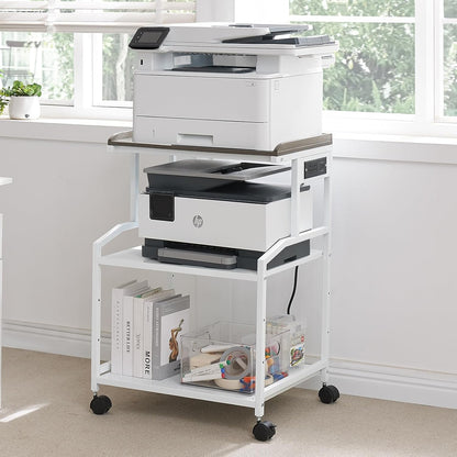 Lauren&Harold 34'' Printer Stand with Power Outlets & USB Ports, 3-Tier Adjustable Rolling Cart, Heavy Duty 150LBS Storage Table with Wheels for Office, Kitchen, Living Room, White