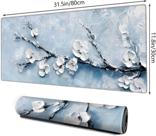 Galdas Gaming Mouse Pad XXL XL Large Long Extended Big Mousepad Non-Slip Rubber Keyboard Mouse Pad with Stitched Edges for Laptop Home Office (31.5x11.8x0.08 Inch) -Snow Floral