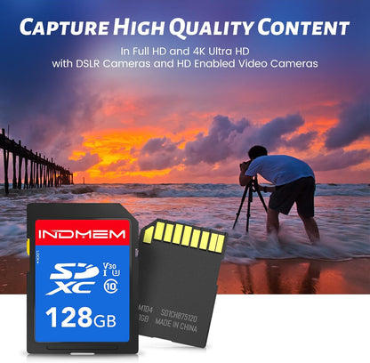INDMEM SD Card 128GB 6-Pack, Class 10 128GB High Speed up to 90M/S Full HD Video Flash Memory Card MLC Standard Secure Digital Cards Camera Cards