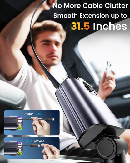 Retractable Car Charger with Air Freshener Diffuser & Star Lights,Multi Port Cigarette Lighter Adapter for iPhone Car Phone Charger USB-C/Type-C Fast Charging with 2 Retractable Cable (Black)