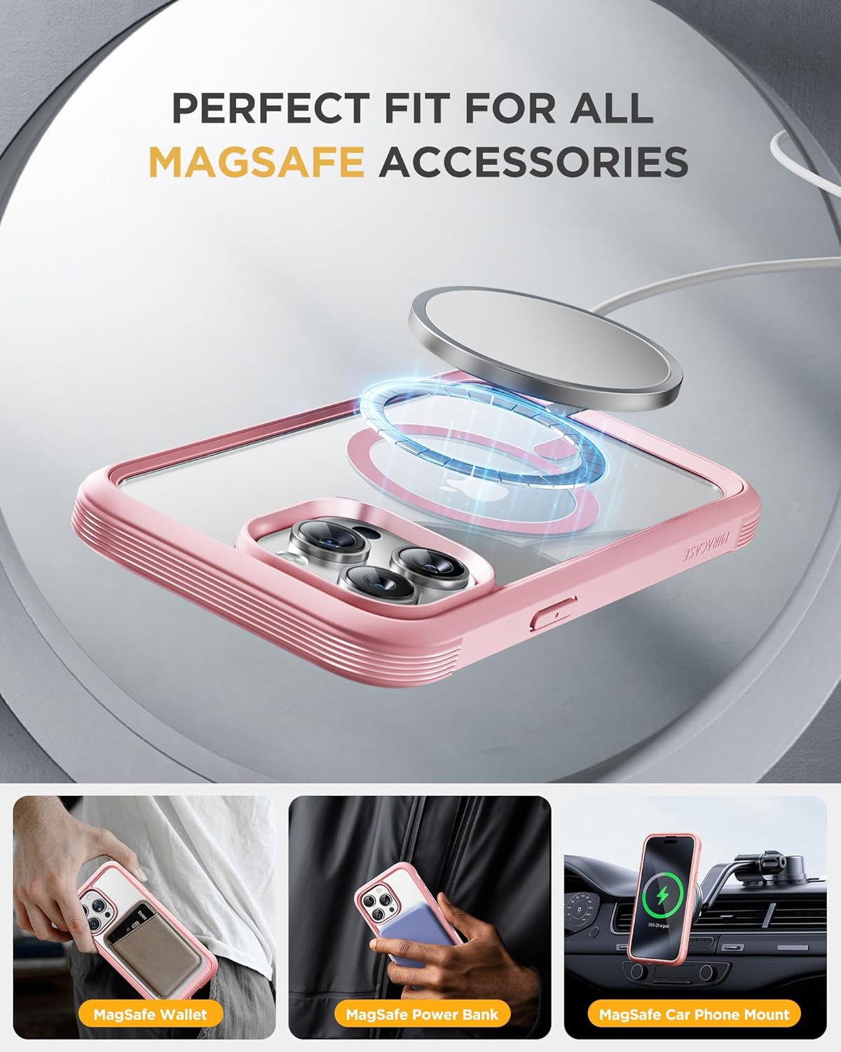 Miracase Magnetic for iPhone 15 Pro Case [Compatible with MagSafe] Full-Body Phone case with Built-in Glass Screen Protector& Camera Protector, Military Drop Proof 15 Pro Cover, Magnetic Pink