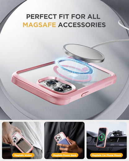Miracase Magnetic for iPhone 15 Pro Case [Compatible with MagSafe] Full-Body Phone case with Built-in Glass Screen Protector& Camera Protector, Military Drop Proof 15 Pro Cover, Magnetic Pink