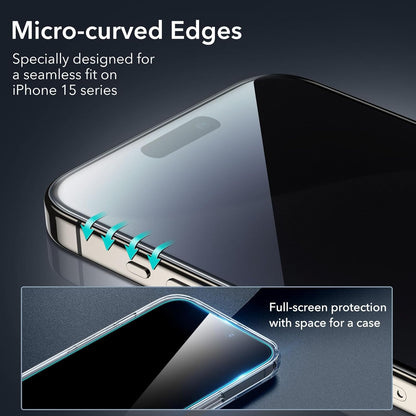 ESR 3+1 Pack for iPhone 15 Pro Privacy Screen Protector Set, Anti-spy Tempered-Glass Privacy Screen Protector, Micro-curved Edges, Case Friendly, 3-Pack with 1 Set of Individual Camera Lens Protector